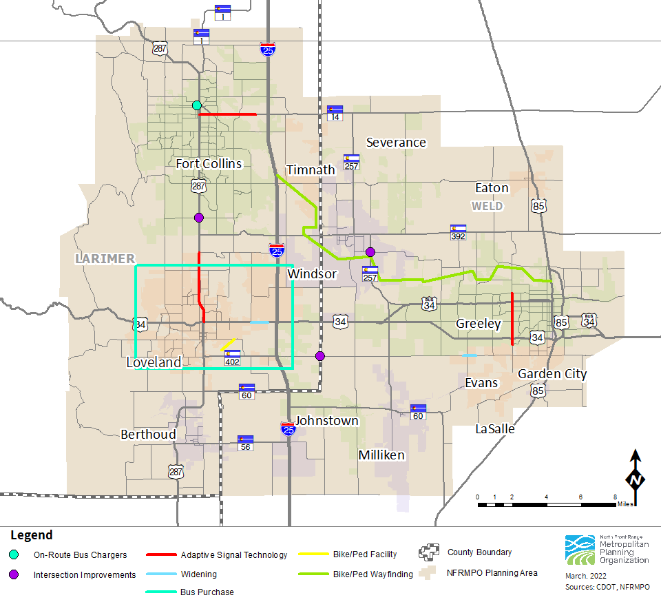 Map of the NFRMPO including projects selected for funding in the 2021 Call for Projects