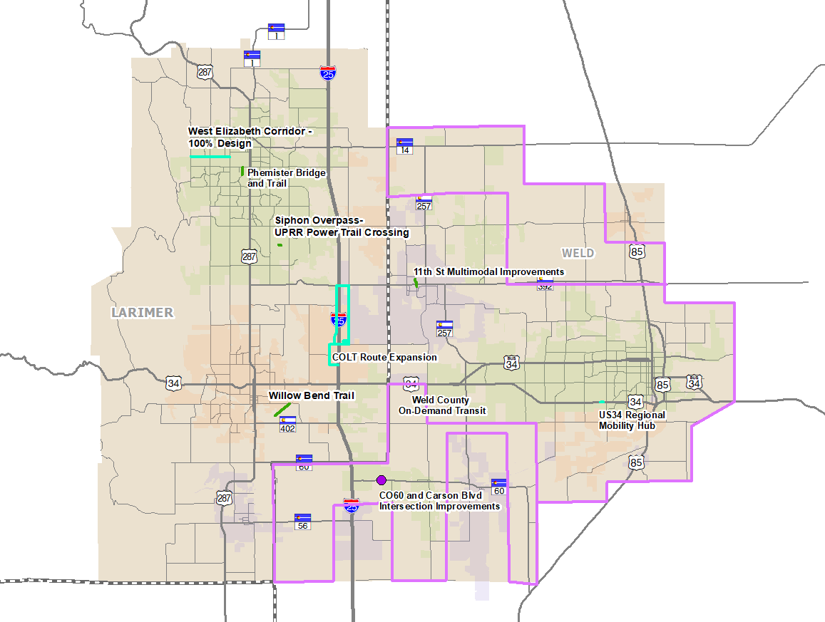 Map of the NFRMPO Planning area with project locations and names awarded funding during the 2022 MMOF Call for Projects