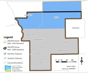 Denver Metro North Front Range Ozone nonattainment area map, 2022