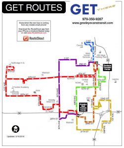 Service map for Greeley Evans Transit showing the six transit routes operating in Greeley, Evans, and Garden City